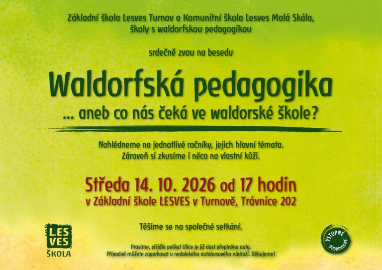 Plakát k besedě Waldorfská pedagogika – 14. října 2026 v Turnově